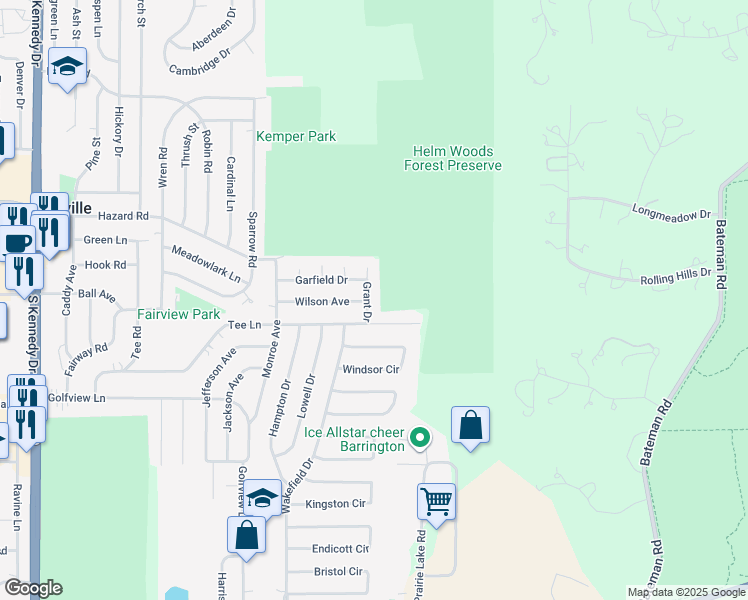 map of restaurants, bars, coffee shops, grocery stores, and more near 1222 Grant Drive in Carpentersville