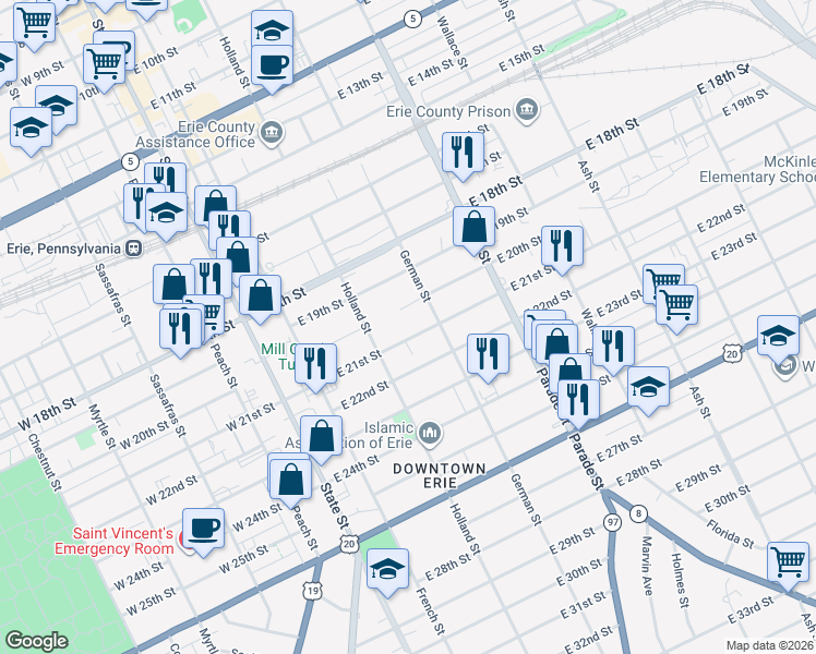 map of restaurants, bars, coffee shops, grocery stores, and more near 230 East 21st Street in Erie