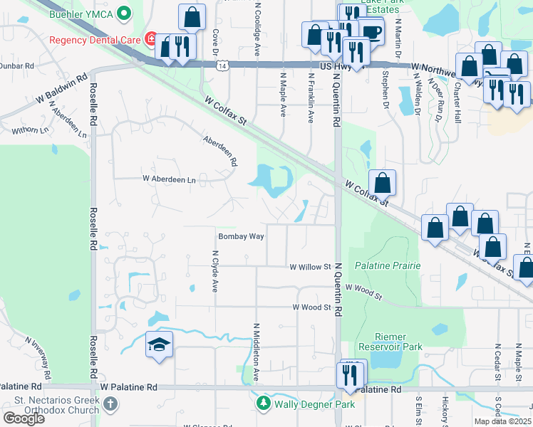 map of restaurants, bars, coffee shops, grocery stores, and more near 414 North Lake Shore Drive in Palatine