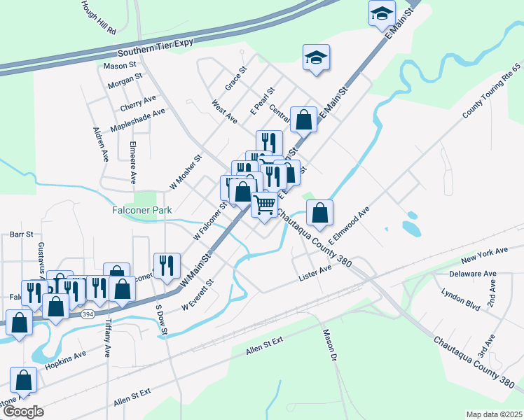 map of restaurants, bars, coffee shops, grocery stores, and more near 10 South Work Street in Falconer