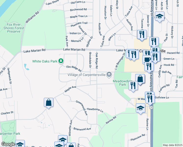 map of restaurants, bars, coffee shops, grocery stores, and more near 1245 Brookdale Drive in Carpentersville