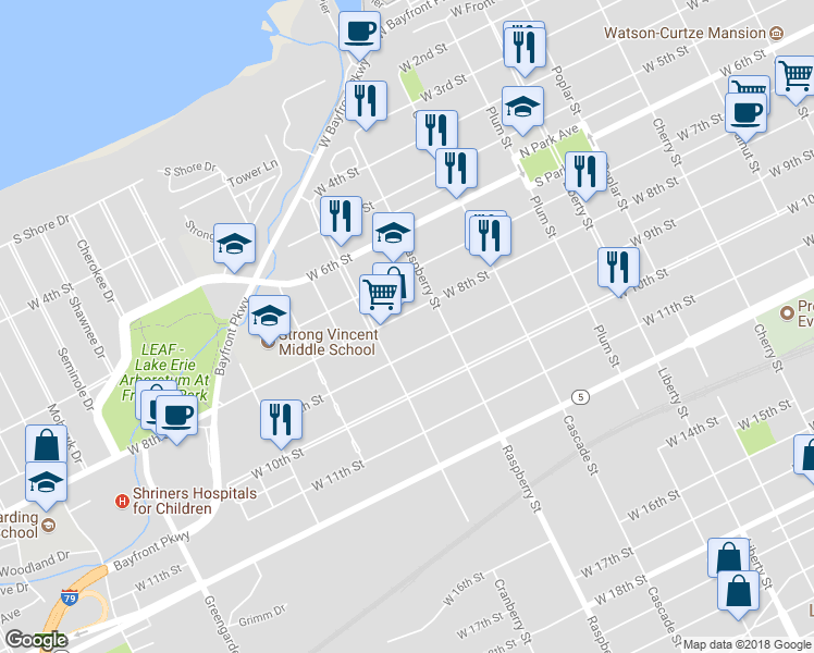 map of restaurants, bars, coffee shops, grocery stores, and more near 1135 West 8th Street in Erie
