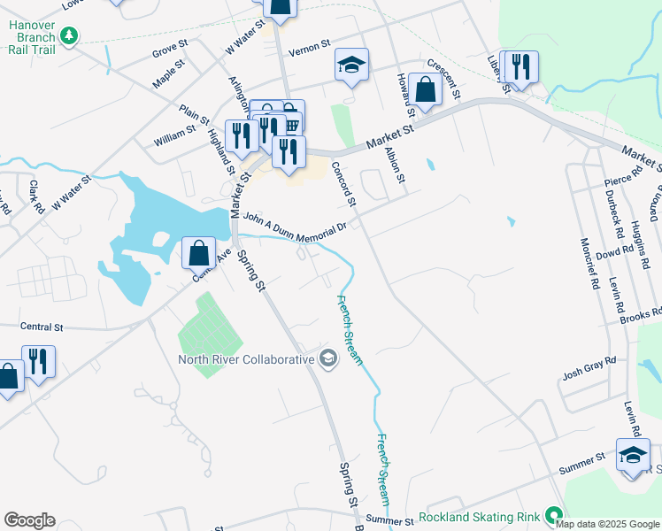 map of restaurants, bars, coffee shops, grocery stores, and more near 83 Hannah Way in Rockland