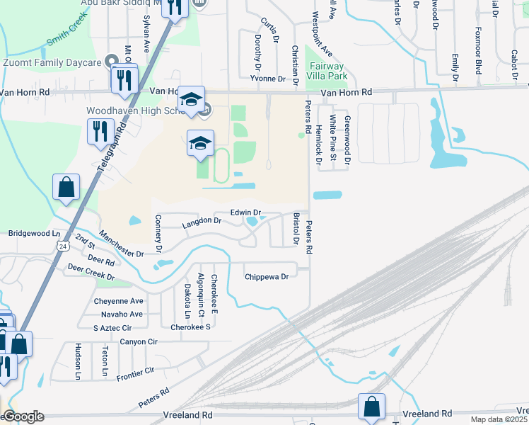 map of restaurants, bars, coffee shops, grocery stores, and more near Cambridge in Brownstown Charter Township