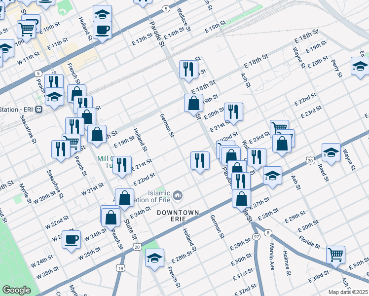 map of restaurants, bars, coffee shops, grocery stores, and more near 300-316 East 21st Street in Erie
