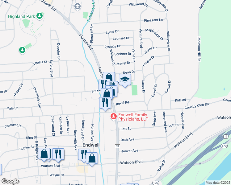 map of restaurants, bars, coffee shops, grocery stores, and more near 3601-3615 Briar Ln in Endwell