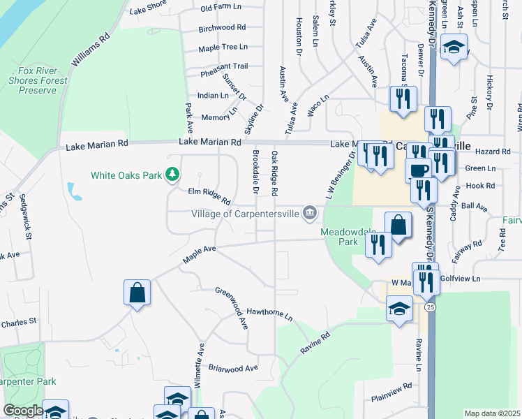 map of restaurants, bars, coffee shops, grocery stores, and more near 1270 Brookdale Drive in Carpentersville