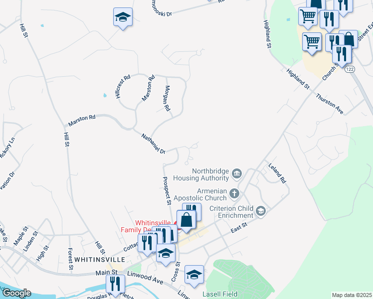 map of restaurants, bars, coffee shops, grocery stores, and more near 44 Hillview Lane in Northbridge