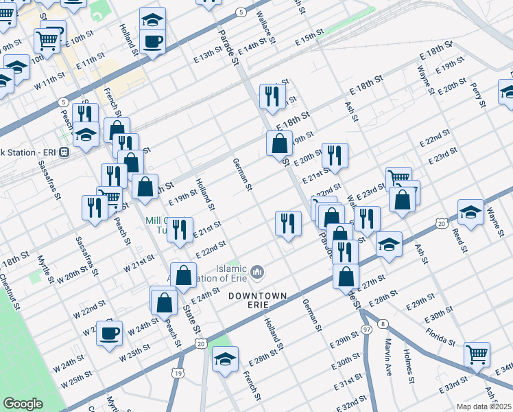 map of restaurants, bars, coffee shops, grocery stores, and more near 316 E 21st St in Erie