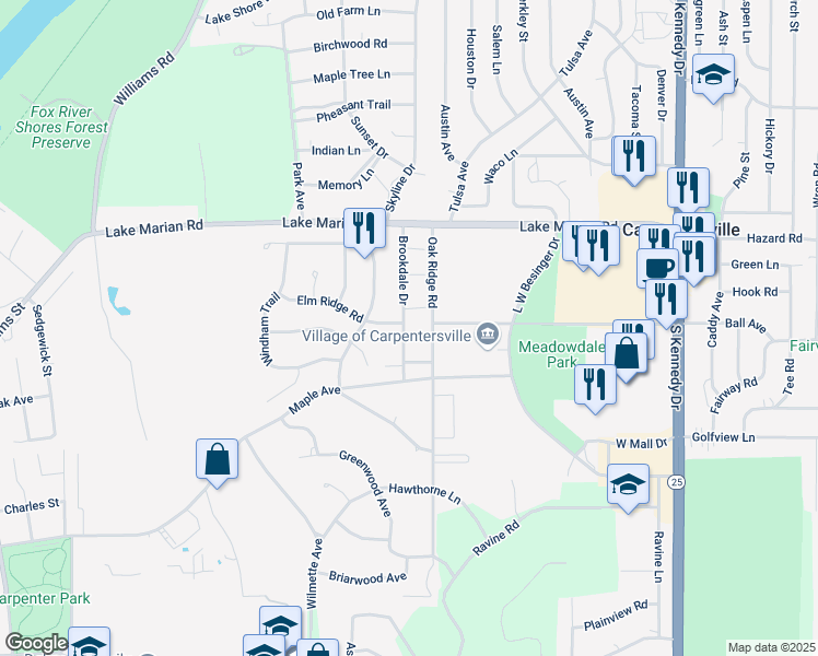 map of restaurants, bars, coffee shops, grocery stores, and more near 1272 Brookdale Drive in Carpentersville