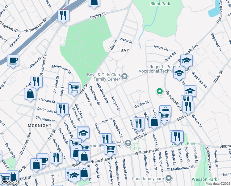 map of restaurants, bars, coffee shops, grocery stores, and more near 182 Maynard Street in Springfield