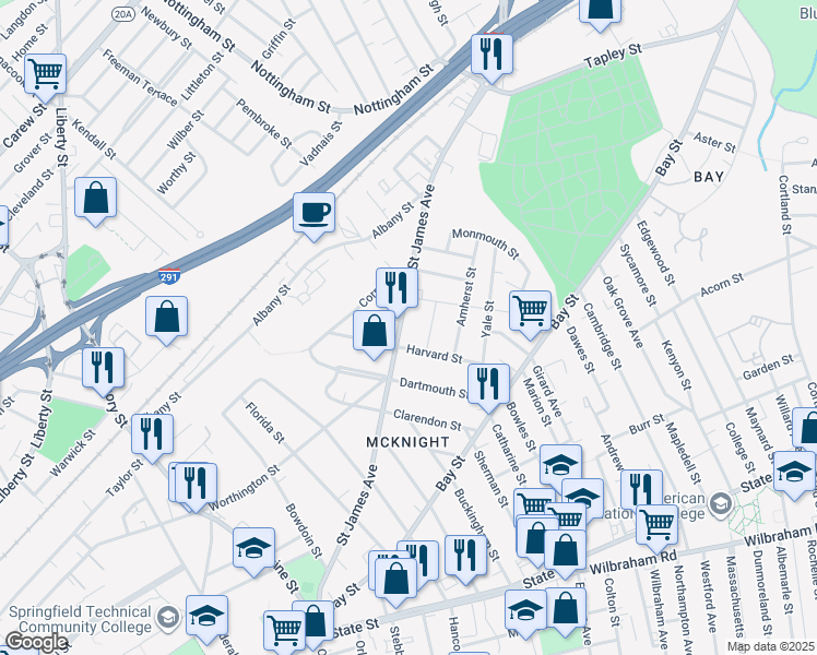 map of restaurants, bars, coffee shops, grocery stores, and more near 35 Vassar Street in Springfield