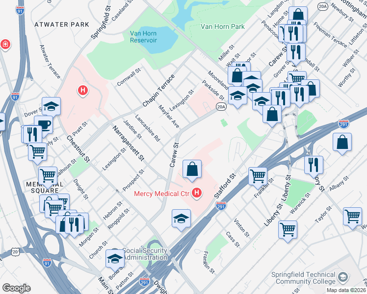 map of restaurants, bars, coffee shops, grocery stores, and more near 25-23 Algonquin Place in Springfield