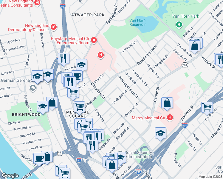 map of restaurants, bars, coffee shops, grocery stores, and more near 39 Chapin Terrace in Springfield