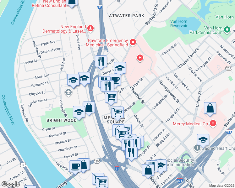 map of restaurants, bars, coffee shops, grocery stores, and more near 440 Waverly Street in Springfield