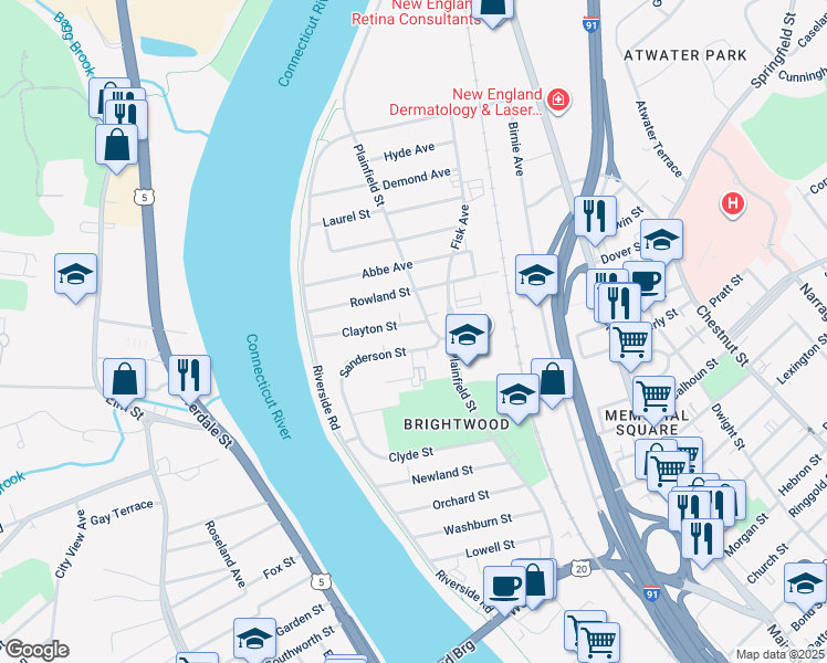map of restaurants, bars, coffee shops, grocery stores, and more near 5 Clayton Street in Springfield