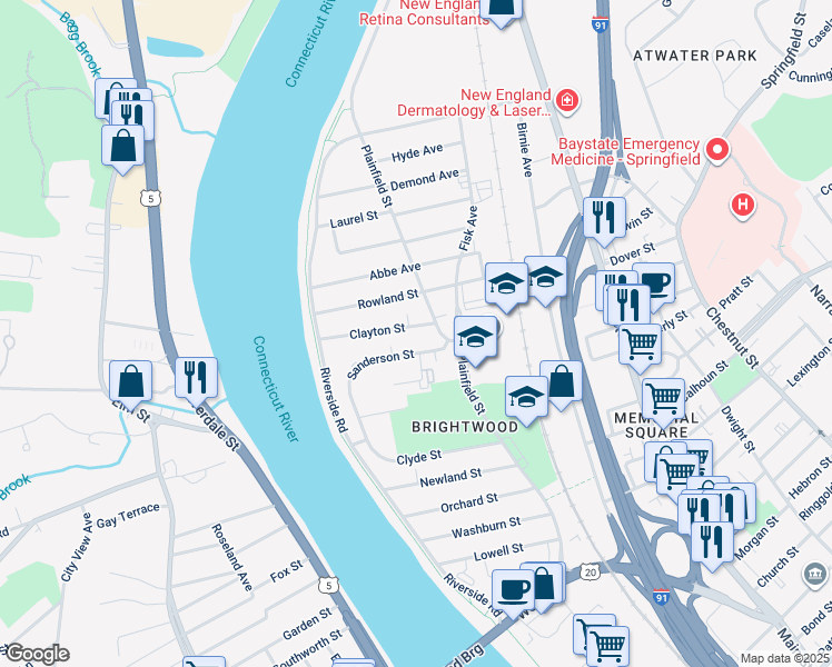 map of restaurants, bars, coffee shops, grocery stores, and more near 5 Clayton Street in Springfield
