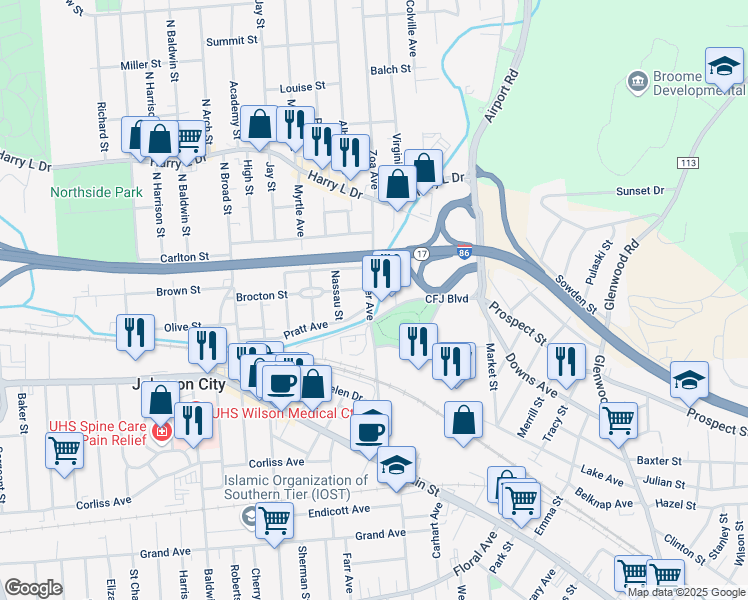 map of restaurants, bars, coffee shops, grocery stores, and more near 96 Brocton Street in Johnson City