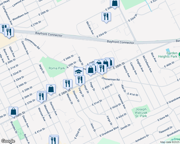 map of restaurants, bars, coffee shops, grocery stores, and more near 3626 Zimmerman Road in Erie