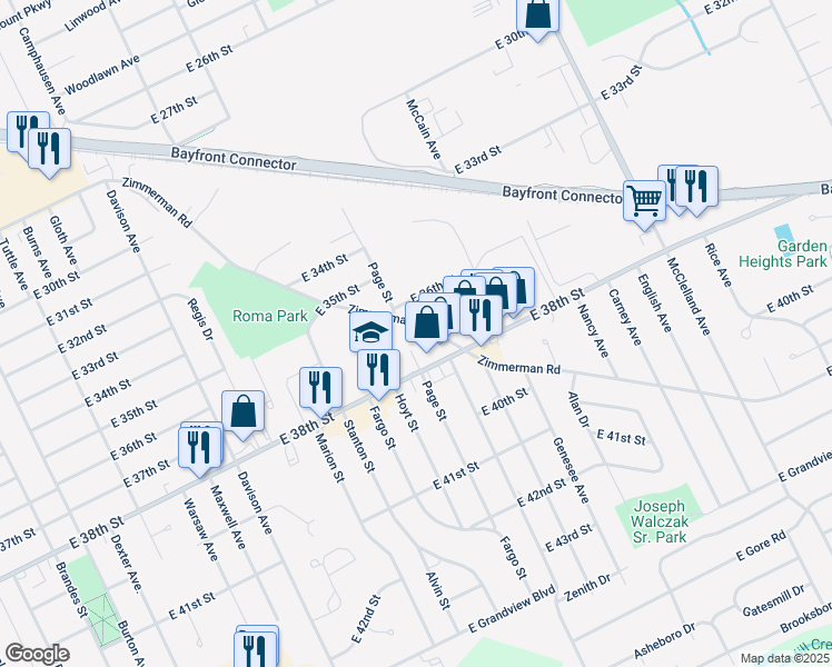 map of restaurants, bars, coffee shops, grocery stores, and more near 3626 Zimmerman Road in Erie