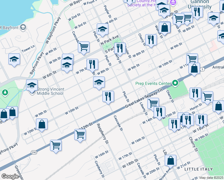map of restaurants, bars, coffee shops, grocery stores, and more near 913 West 10th Street in Erie