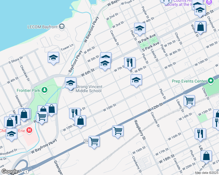 map of restaurants, bars, coffee shops, grocery stores, and more near 1115 West 8th Street in Erie