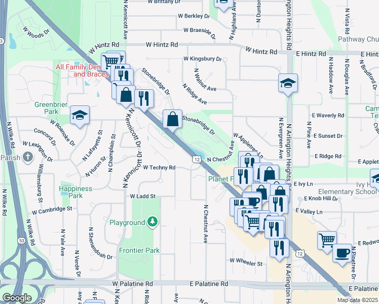 map of restaurants, bars, coffee shops, grocery stores, and more near 442 West Rand Road in Arlington Heights