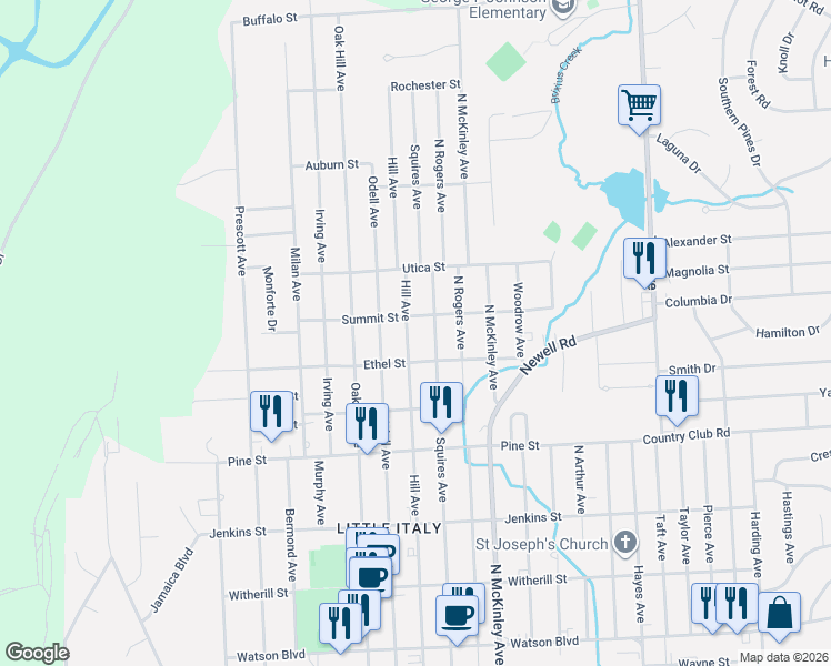 map of restaurants, bars, coffee shops, grocery stores, and more near 612 Hill Avenue in Endicott