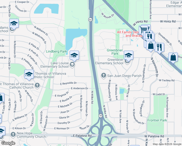map of restaurants, bars, coffee shops, grocery stores, and more near 462 North Wilke Road in Palatine
