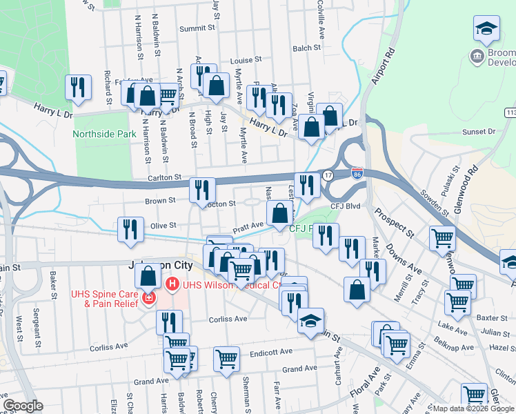 map of restaurants, bars, coffee shops, grocery stores, and more near Brocton Street in Johnson City