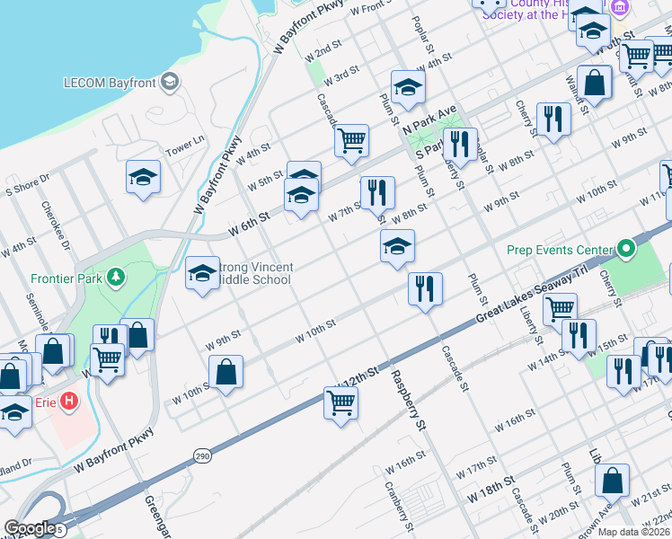 map of restaurants, bars, coffee shops, grocery stores, and more near 1115 West 8th Street in Erie