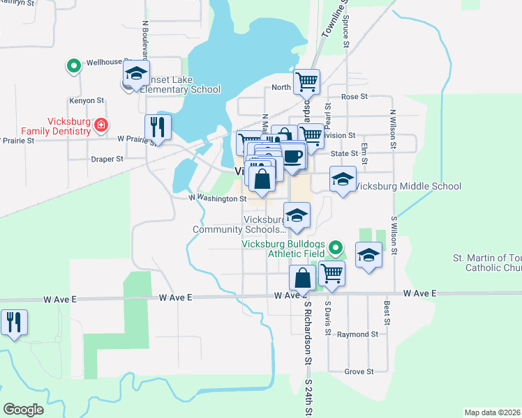 map of restaurants, bars, coffee shops, grocery stores, and more near 115 West Washington Street in Vicksburg