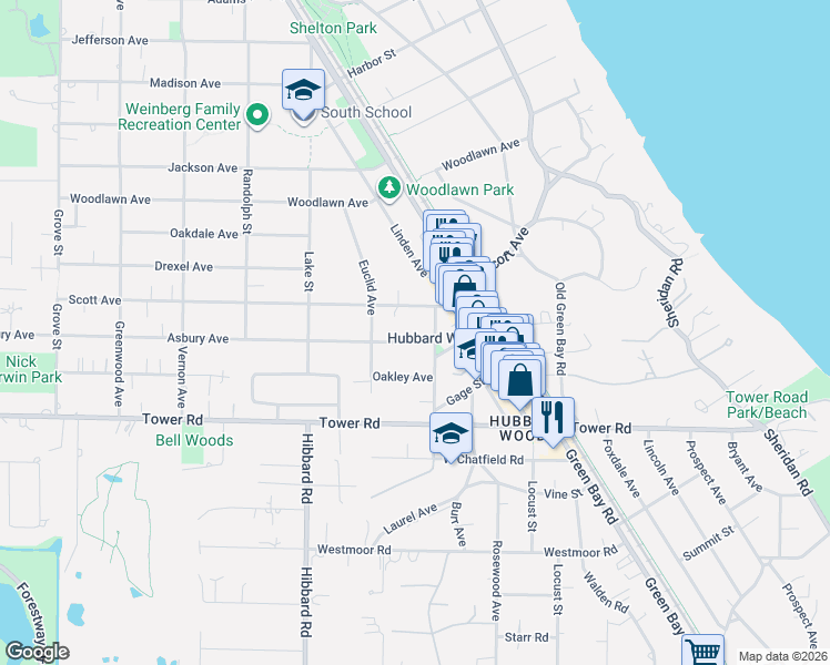map of restaurants, bars, coffee shops, grocery stores, and more near 1147 Asbury Avenue in Winnetka