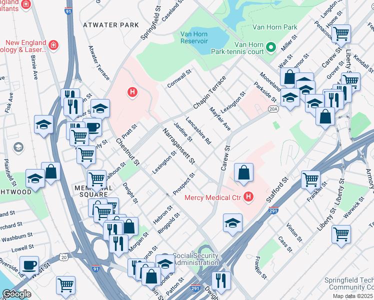 map of restaurants, bars, coffee shops, grocery stores, and more near 57 Narragansett Street in Springfield