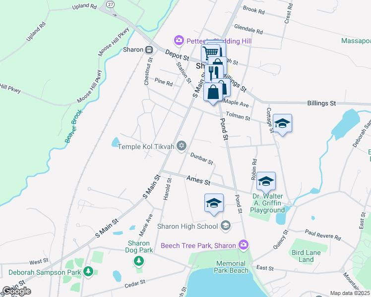 map of restaurants, bars, coffee shops, grocery stores, and more near 45 Bradford Avenue in Sharon