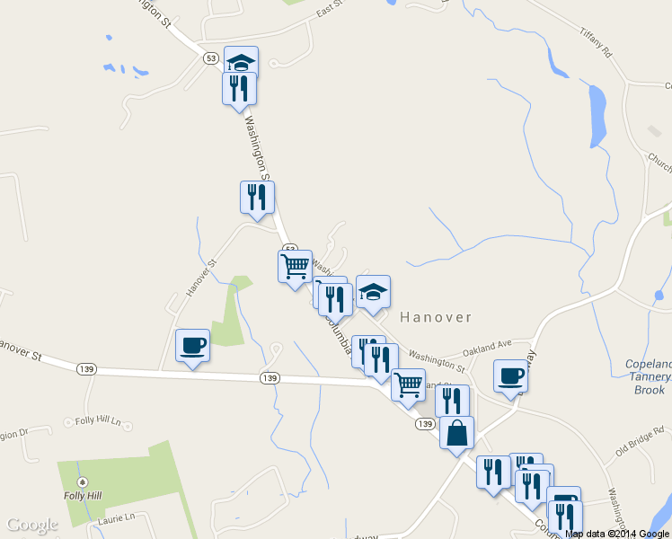 map of restaurants, bars, coffee shops, grocery stores, and more near 2 Elmwood Farm Drive in Hanover
