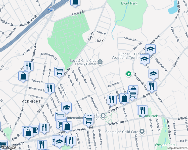 map of restaurants, bars, coffee shops, grocery stores, and more near 240 College Street in Springfield