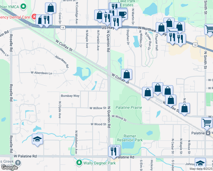 map of restaurants, bars, coffee shops, grocery stores, and more near 459 North Cambridge Drive in Palatine