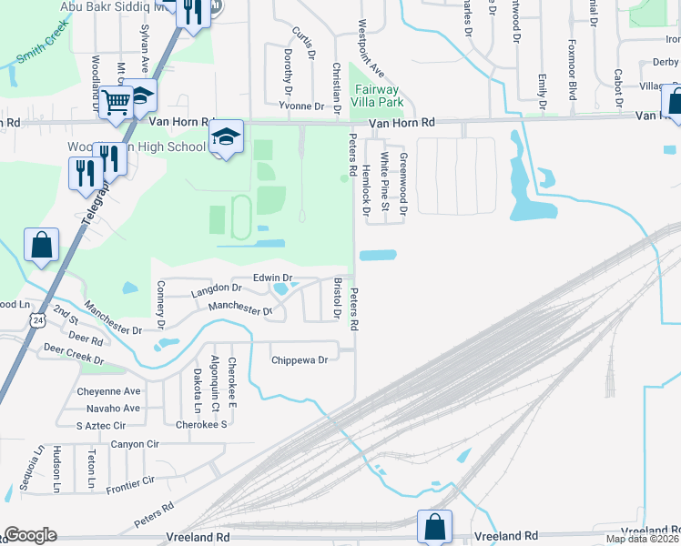map of restaurants, bars, coffee shops, grocery stores, and more near 24058 Manchester Drive in Brownstown Charter Township