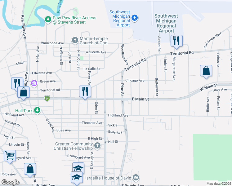 map of restaurants, bars, coffee shops, grocery stores, and more near 242 Cornelia Street in Benton Harbor