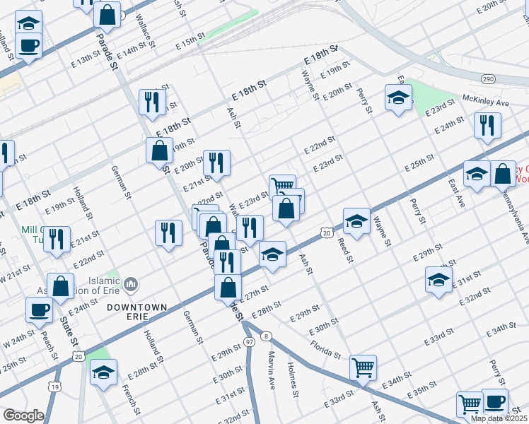 map of restaurants, bars, coffee shops, grocery stores, and more near 542 East 24th Street in Erie
