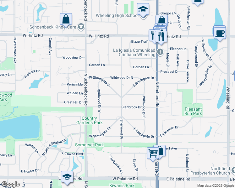 map of restaurants, bars, coffee shops, grocery stores, and more near West Stonegate Drive in Prospect Heights