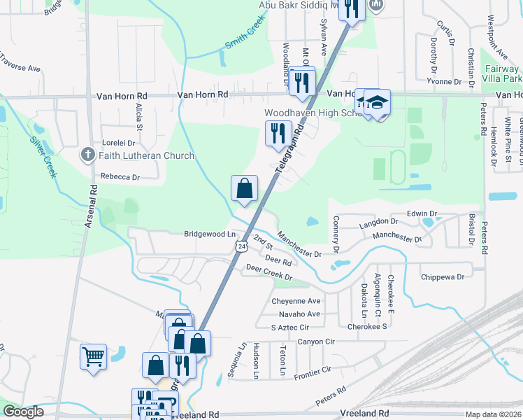 map of restaurants, bars, coffee shops, grocery stores, and more near 24058 Manchester Drive in Brownstown Charter Township