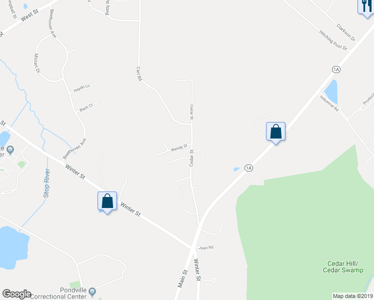 map of restaurants, bars, coffee shops, grocery stores, and more near 90 Cedar Street in Walpole