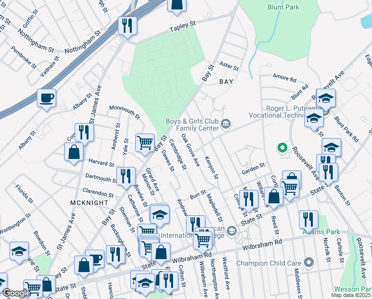 map of restaurants, bars, coffee shops, grocery stores, and more near 214-216 Oak Grove Avenue in Springfield