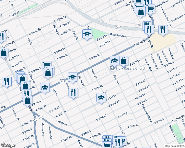 map of restaurants, bars, coffee shops, grocery stores, and more near 2626 Perry Street in Erie