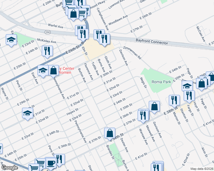 map of restaurants, bars, coffee shops, grocery stores, and more near 3105 Tuttle Avenue in Erie