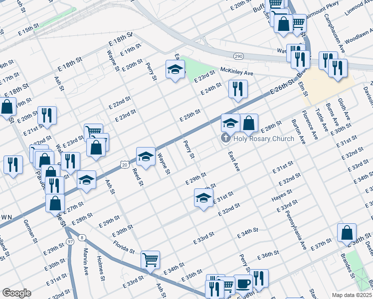 map of restaurants, bars, coffee shops, grocery stores, and more near 2626 Perry Street in Erie