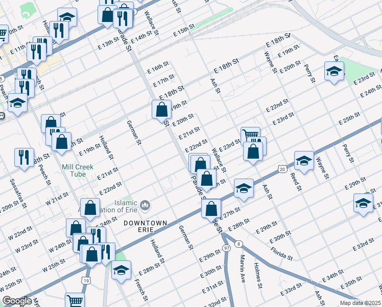 map of restaurants, bars, coffee shops, grocery stores, and more near 410 East 22nd Street in Erie