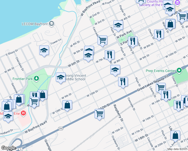 map of restaurants, bars, coffee shops, grocery stores, and more near 1115 West 8th Street in Erie